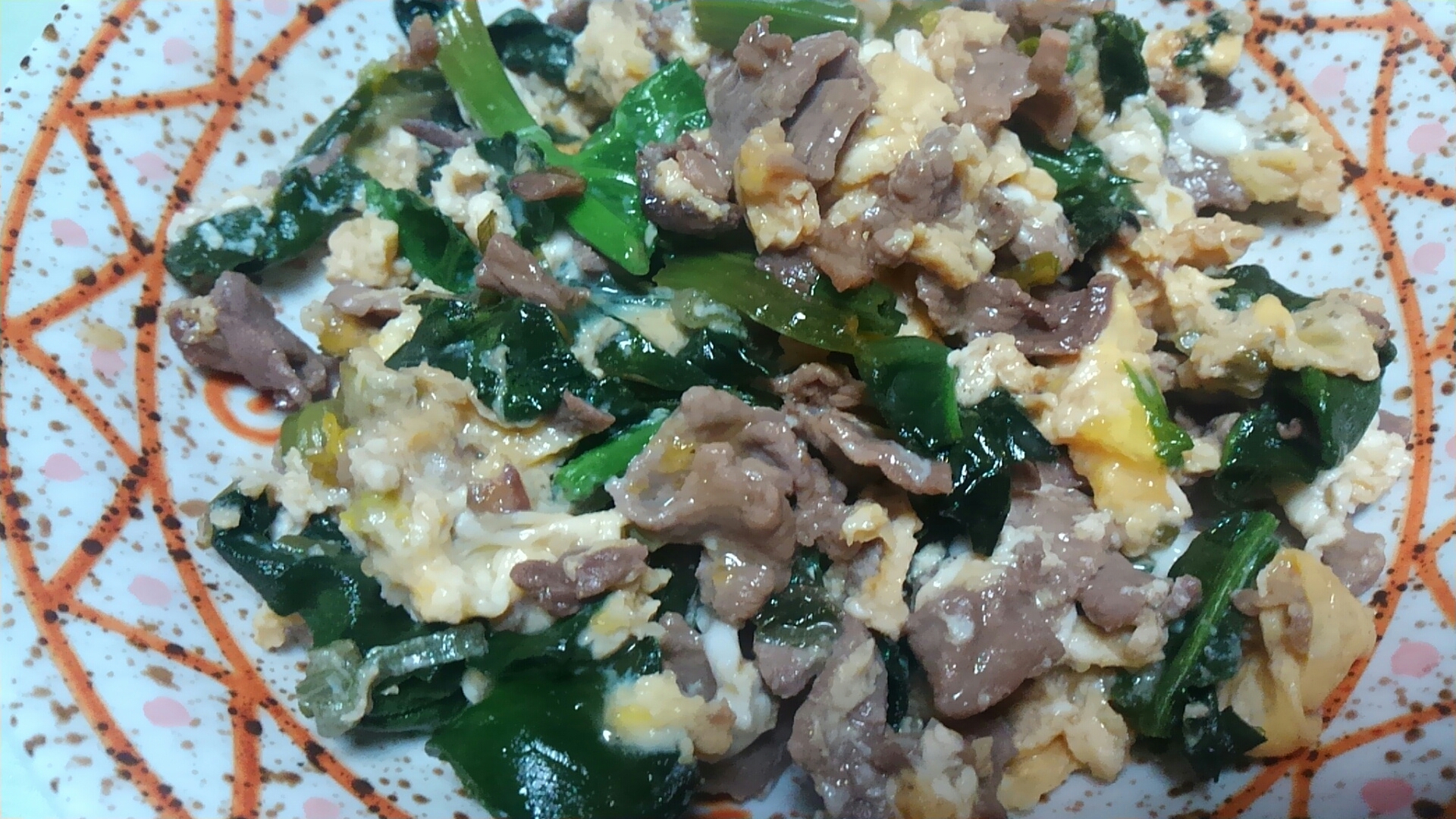 牛肉と小松菜と卵の炒り煮＊