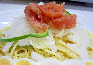 ずぼら飯(~_~;)　冷たい明太パスタ