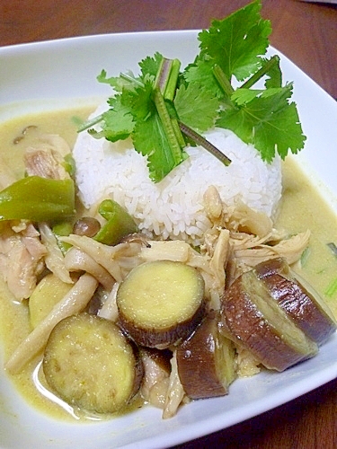 きのこ　なす　ピーマン　鶏のグリーンカレー