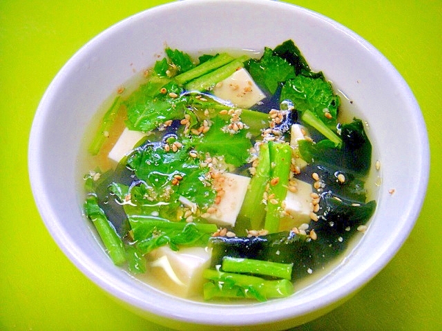 からし菜とワカメ豆腐の中華スープ