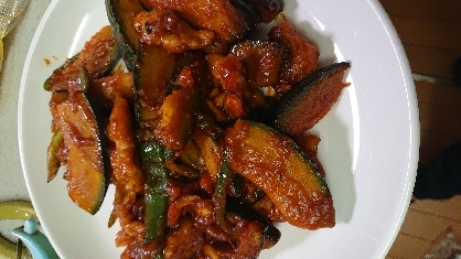 豚こま肉と南瓜のコチュジャン炒め