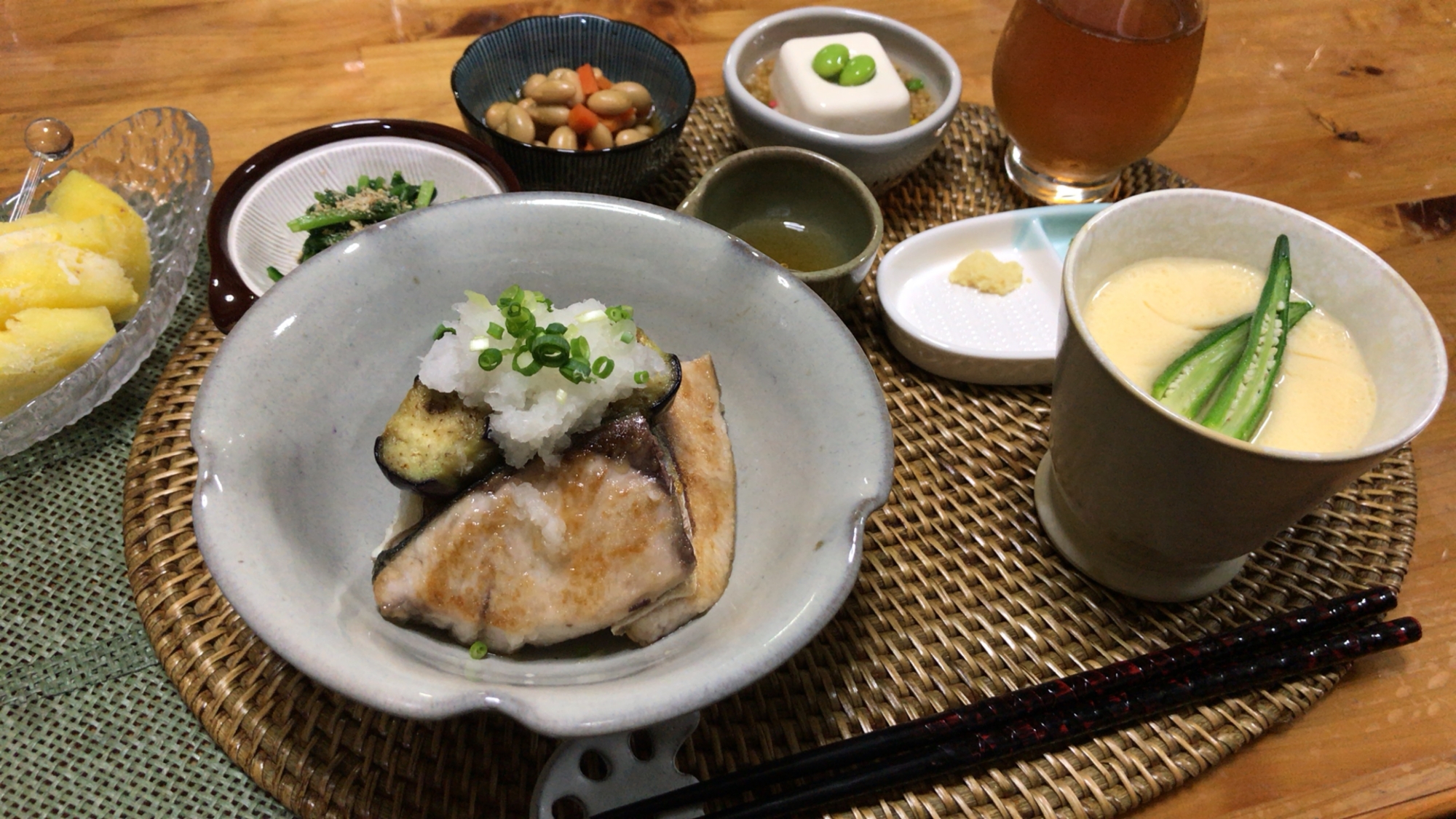 ブリと茄子の大根ポン酢かけ