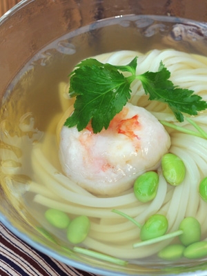 さっぱり系！海老しんじょと枝豆冷やかけうどん