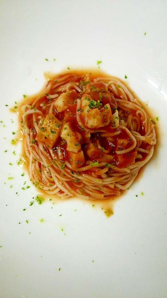 素麺の温かトマトソースあえ、かぼすも