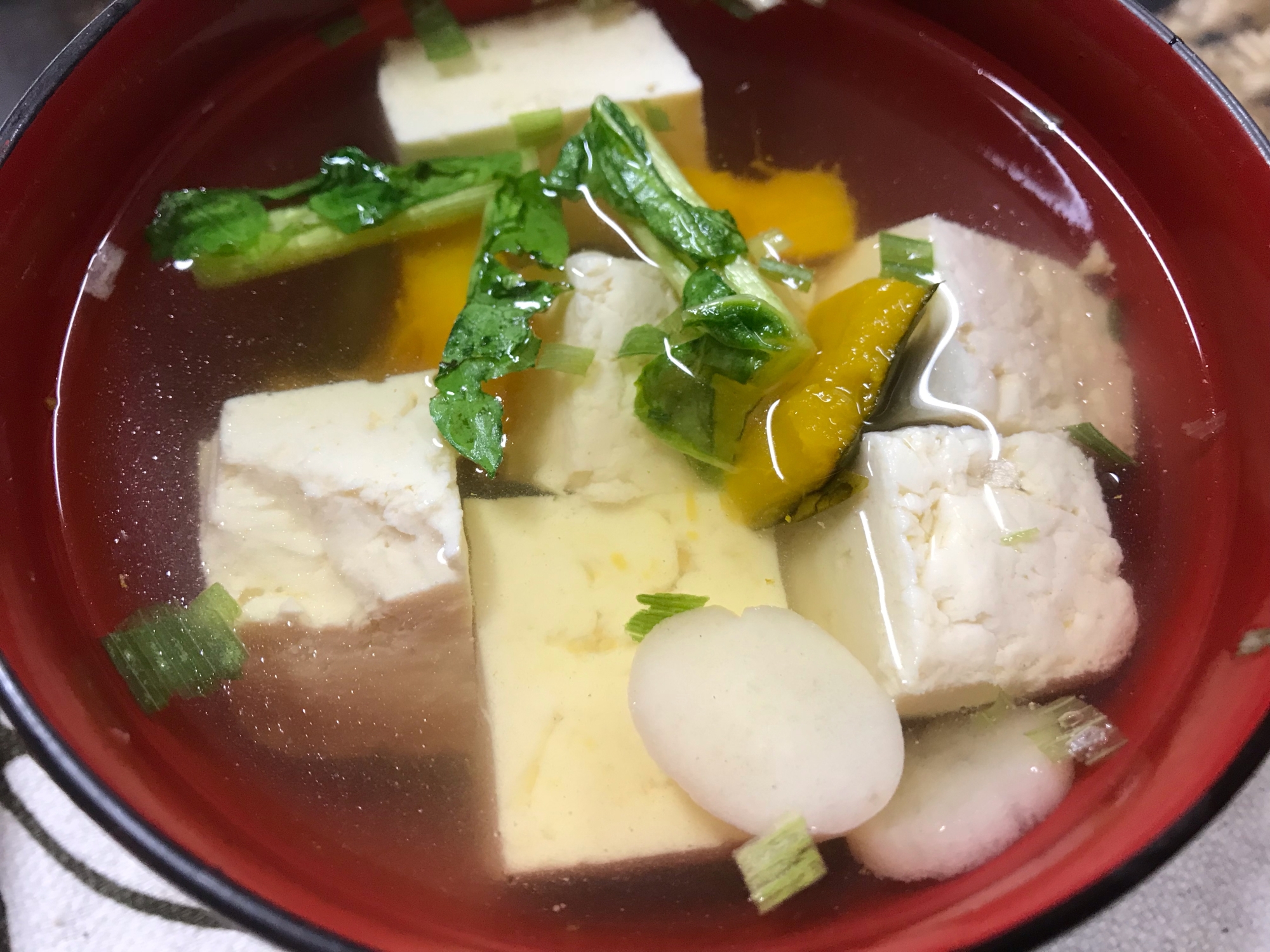 リメイク！豆腐&カボチャ&ダイコンの葉のお吸い物