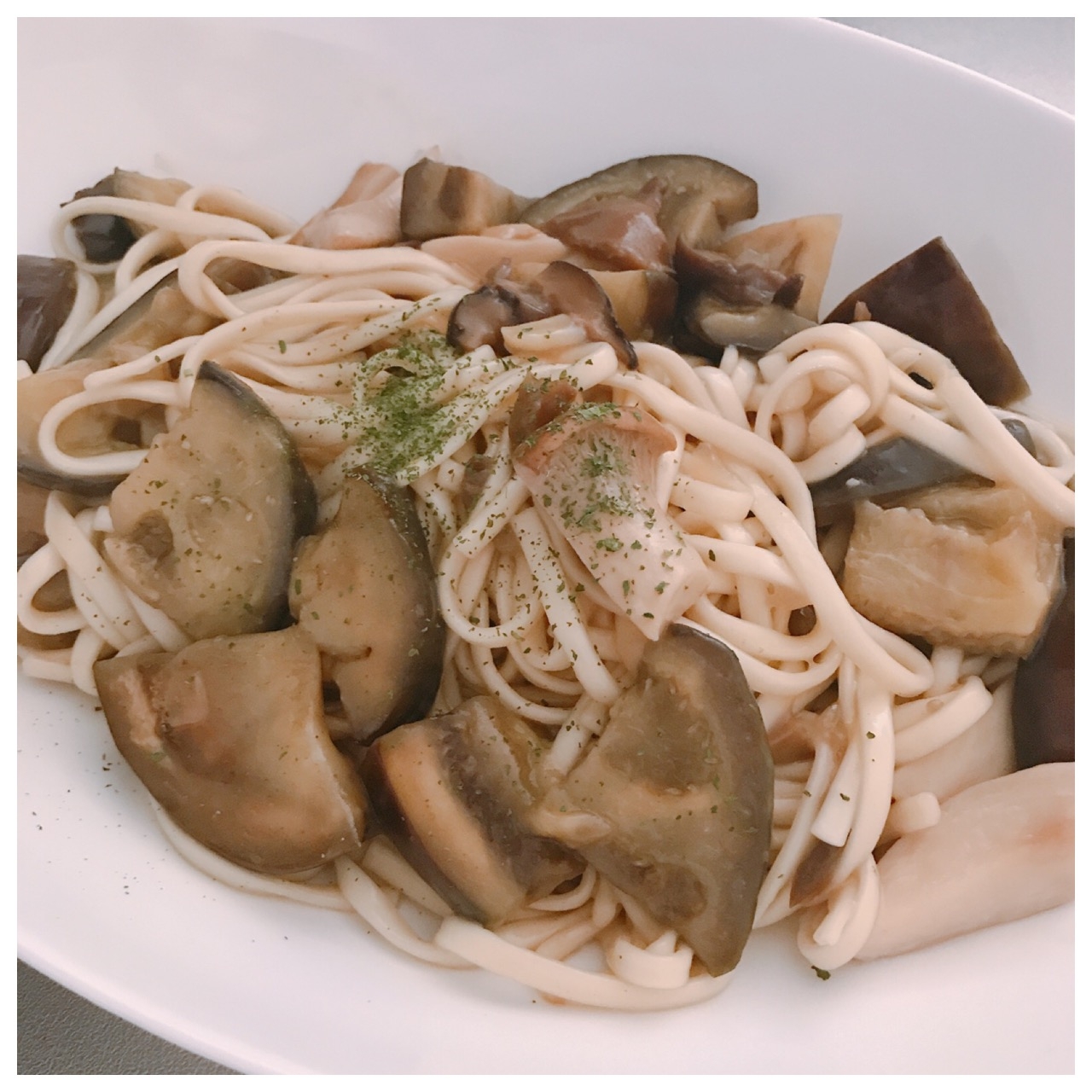 茄子とエリンギのパスタ風うどん！