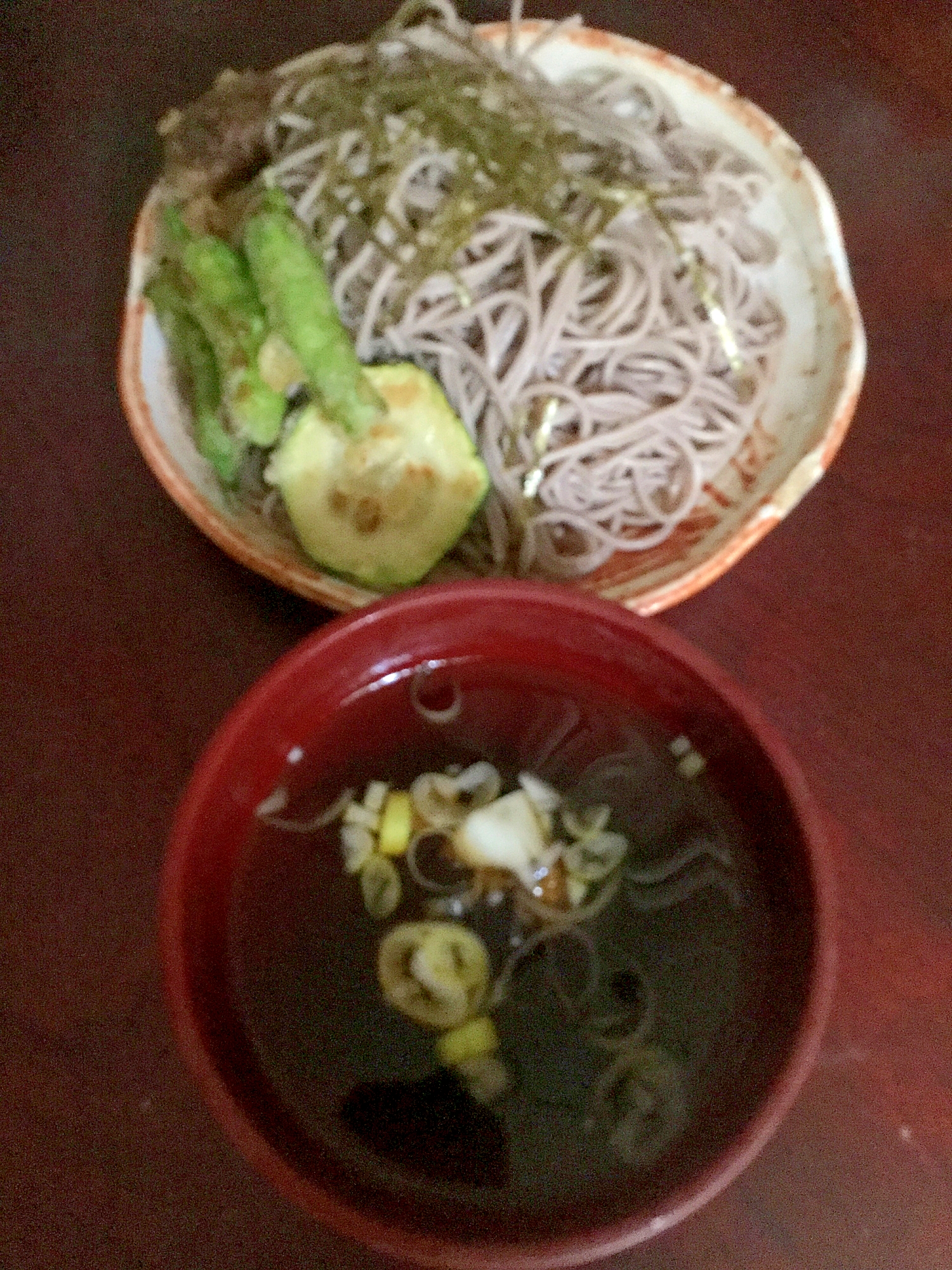 しし唐＆椎茸＆ズッキーニの天ぷら付き盛り蕎麦。