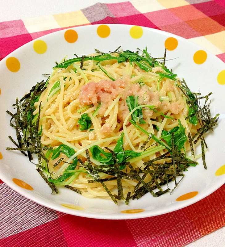 シャキシャキ水菜とプチプチ明太子の和風パスタ