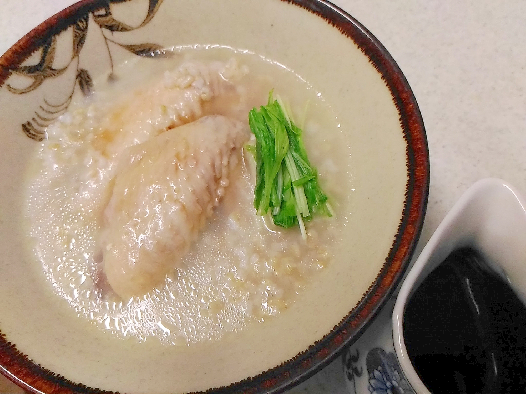 手羽先と水菜のお粥　柚子胡椒ポン