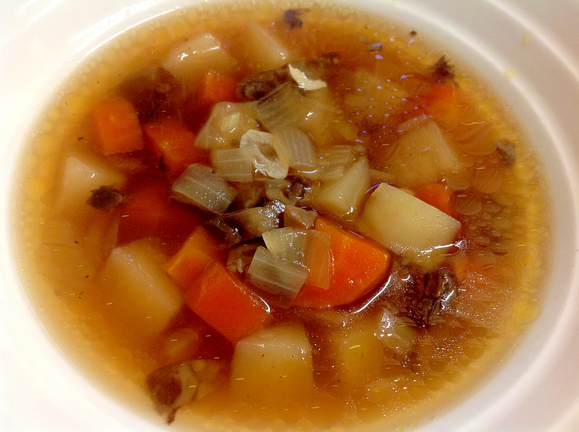 ジャガイモとマッシュルームのコンソメ野菜スープ