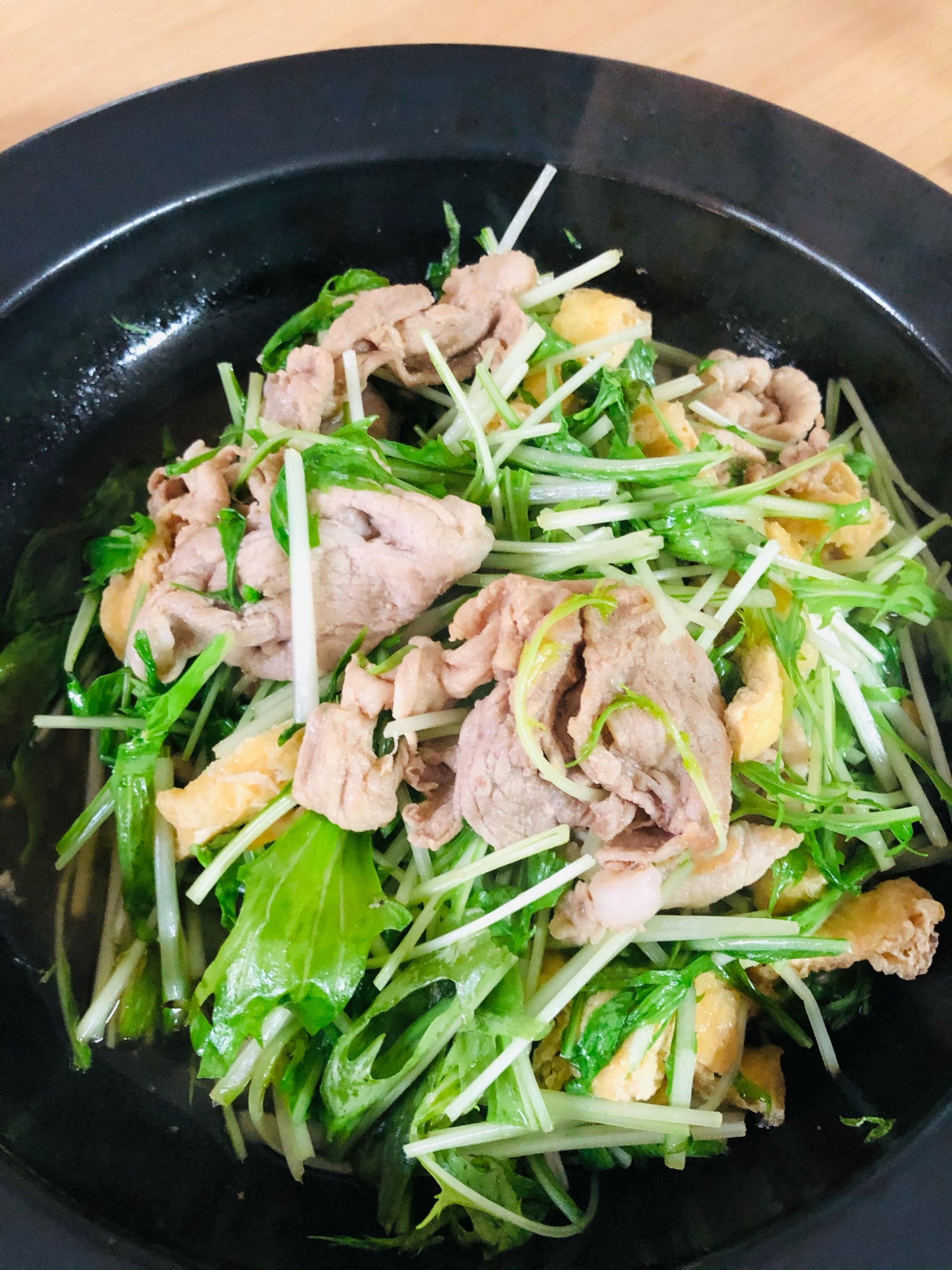 豚肉と水菜と油揚げの和風炒め