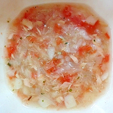 離乳食後期　ツナと４種の野菜入りふりかけ味スープ