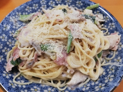 レンチンだけ！小松菜とベーコンのクリームパスタ