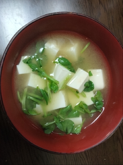 豆苗・たまねぎ・お豆腐のお味噌汁