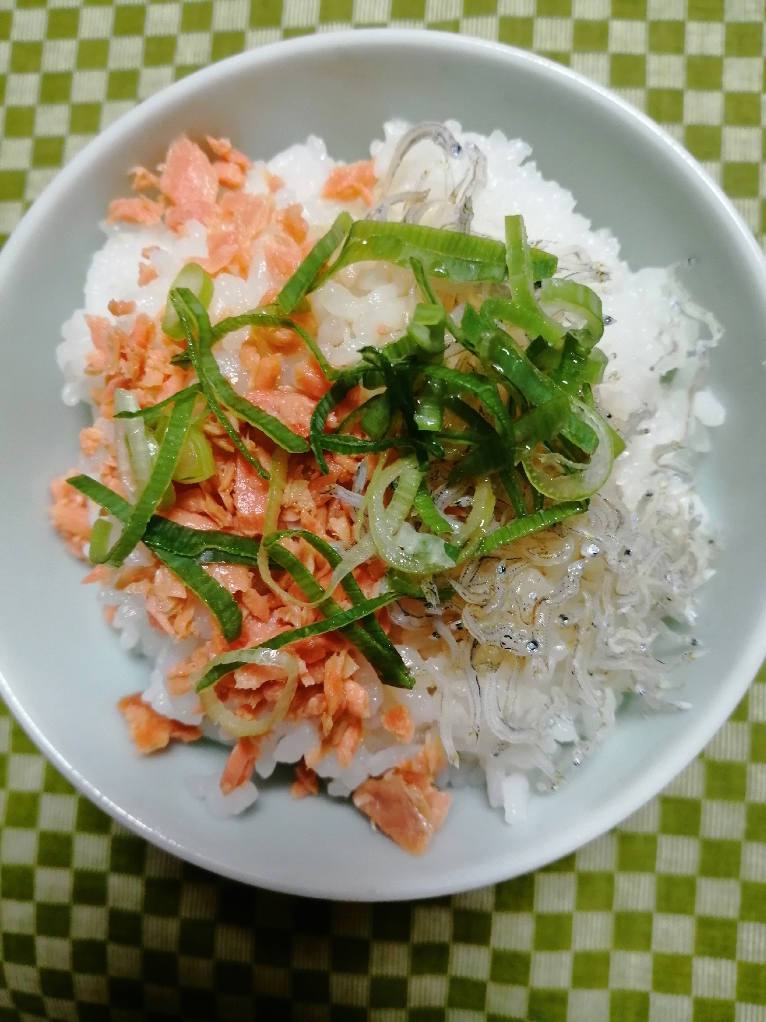 紅鮭ほぐしとちりめんじゃことネギつゆご飯