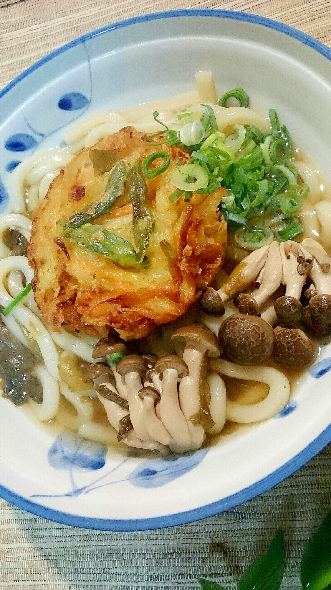 かき揚げとしめじワカメうどん