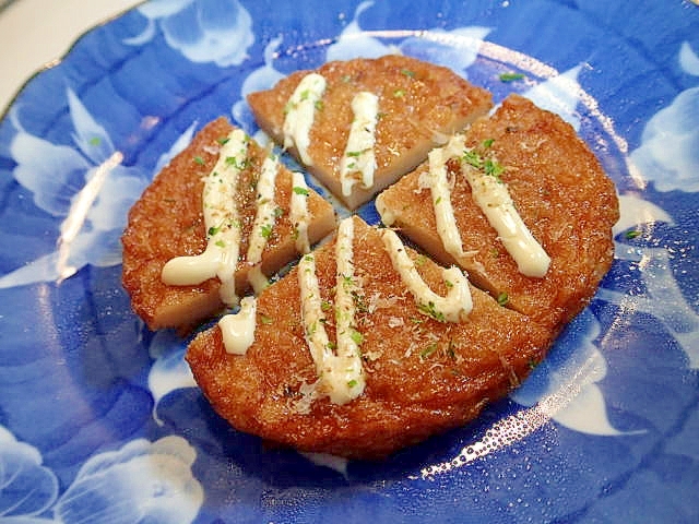 おつまみに　レンチン丸天（麺つゆ＆マヨ&削り粉）