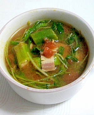 シーチキンで簡単味付け！水菜とオクラのスープ