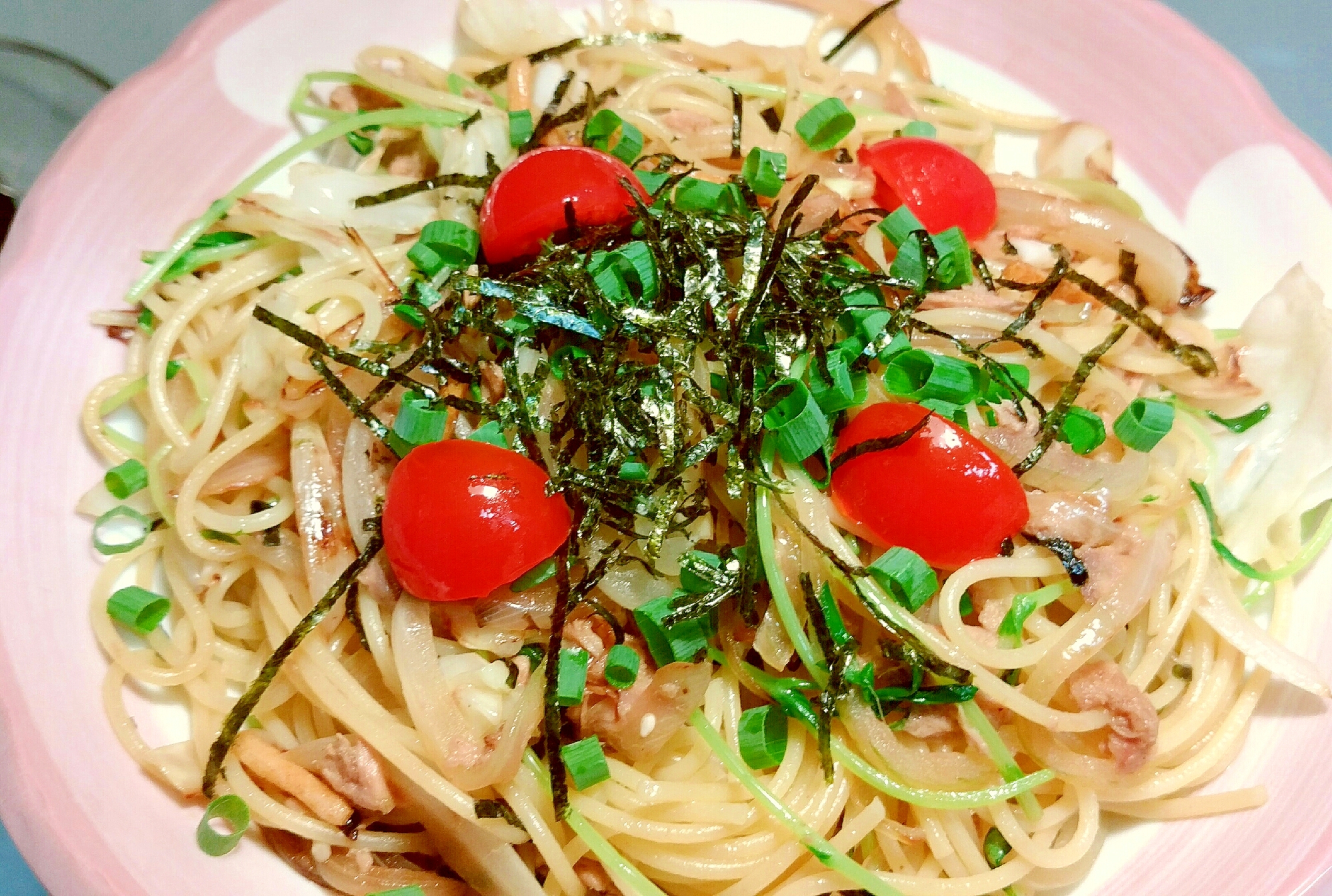 ゆで時間削減！生めん風！豆苗パスタ♡