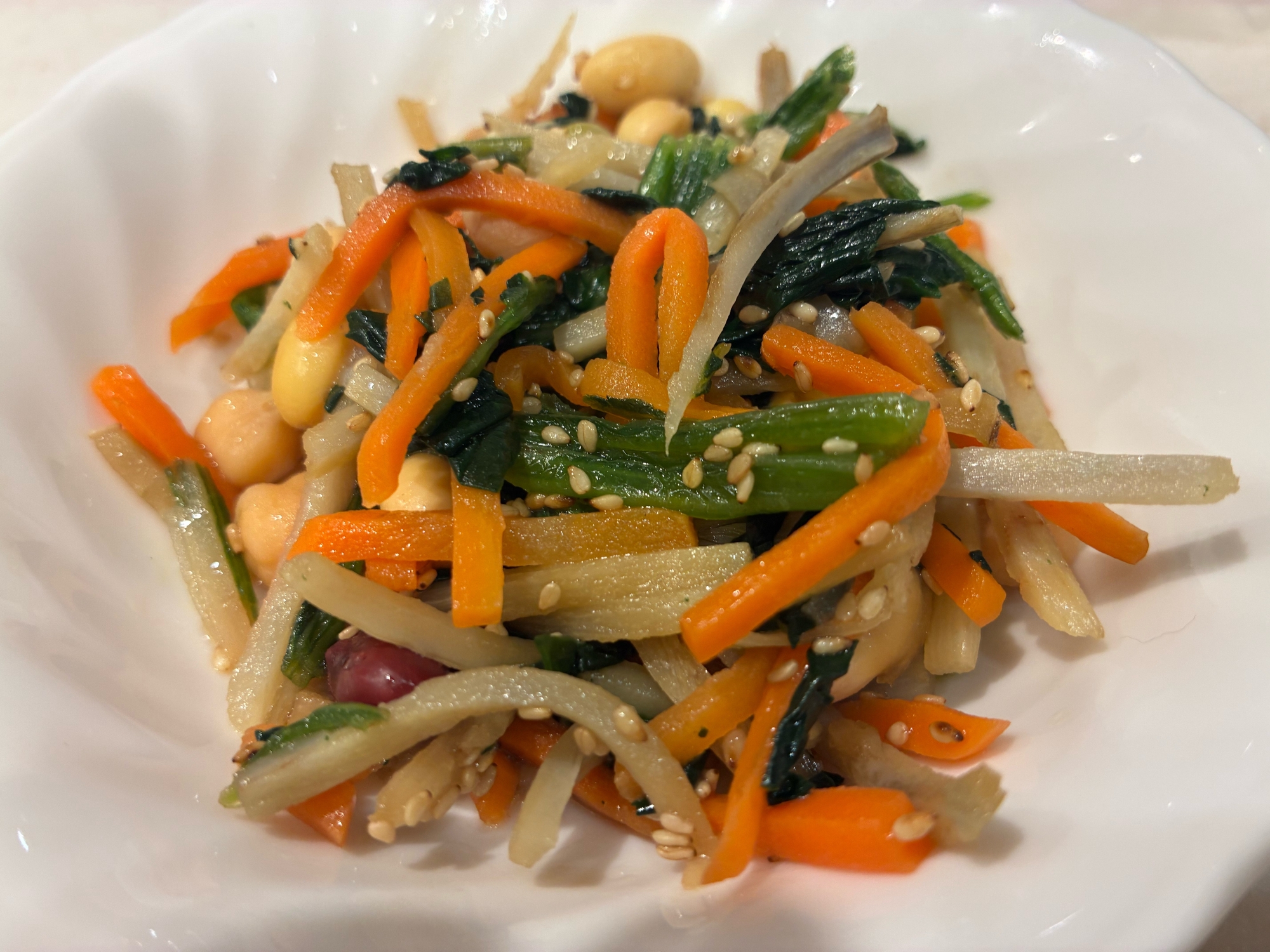冷凍ミックス野菜ほうれん草で三色ナムル。1075
