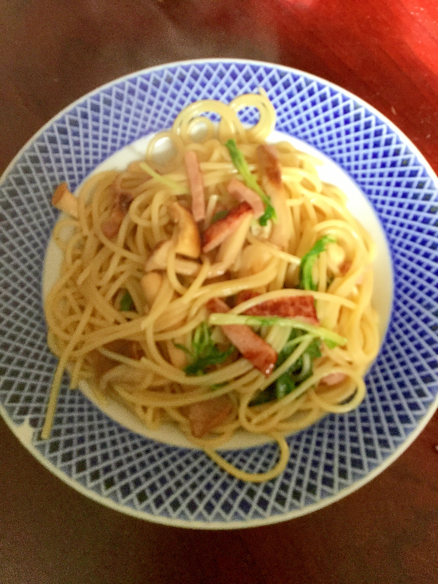 エリンギとチャーシューと水菜のパスタ！