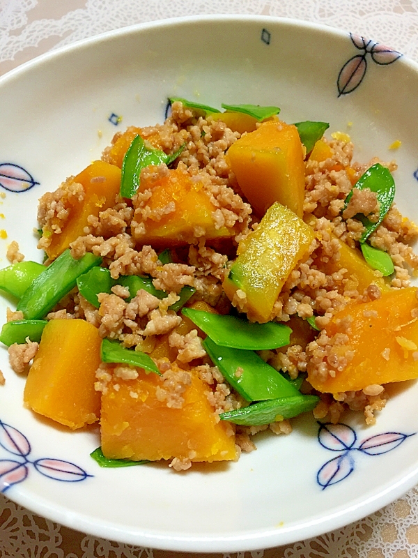 レンチンかぼちゃの肉味噌炒め♪