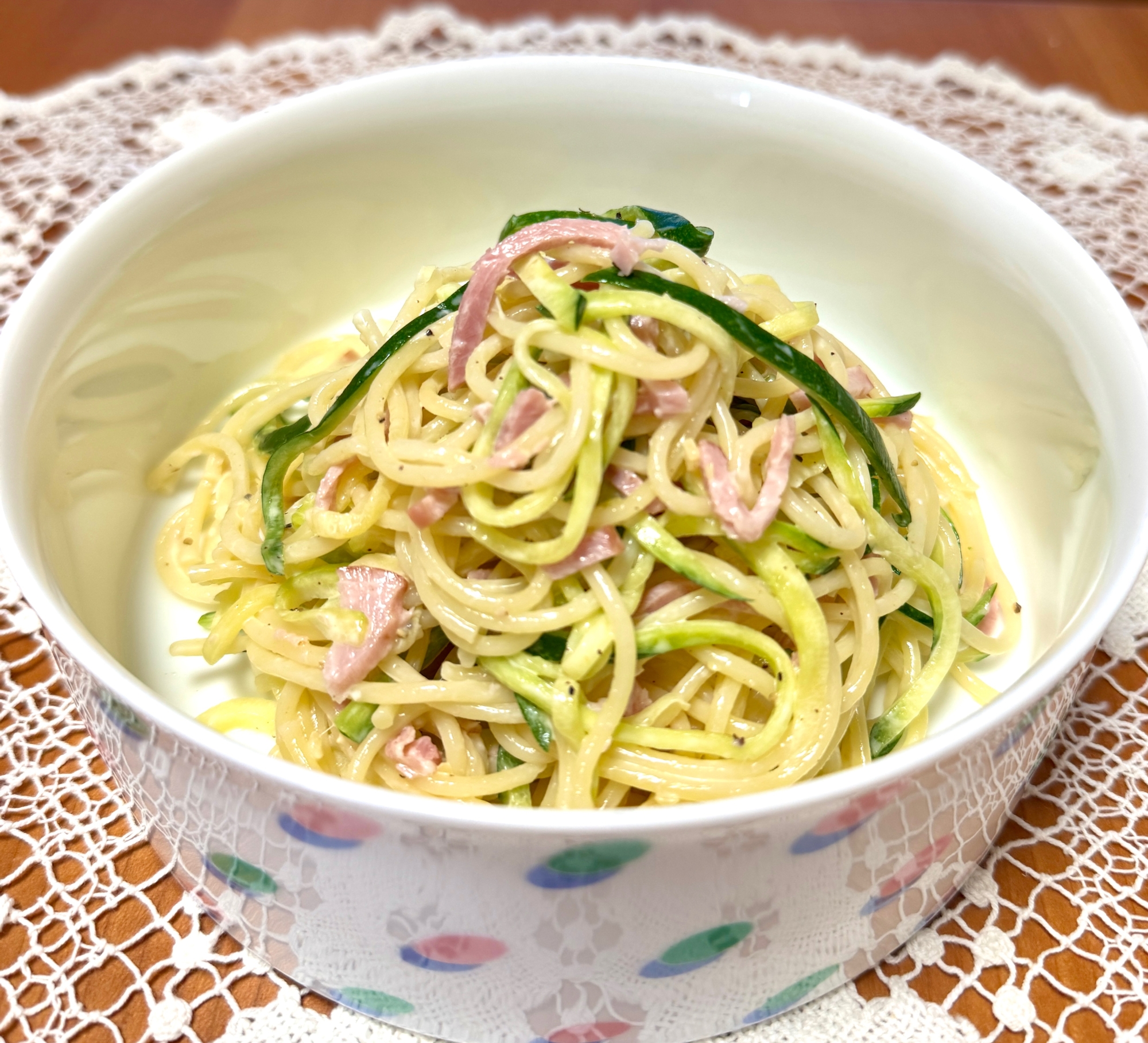 細長いズッキーニとハムの☆スパゲティサラダ