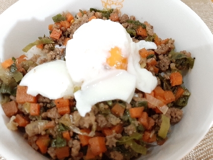 主夫がつくるひき肉丼　パクチーのせ