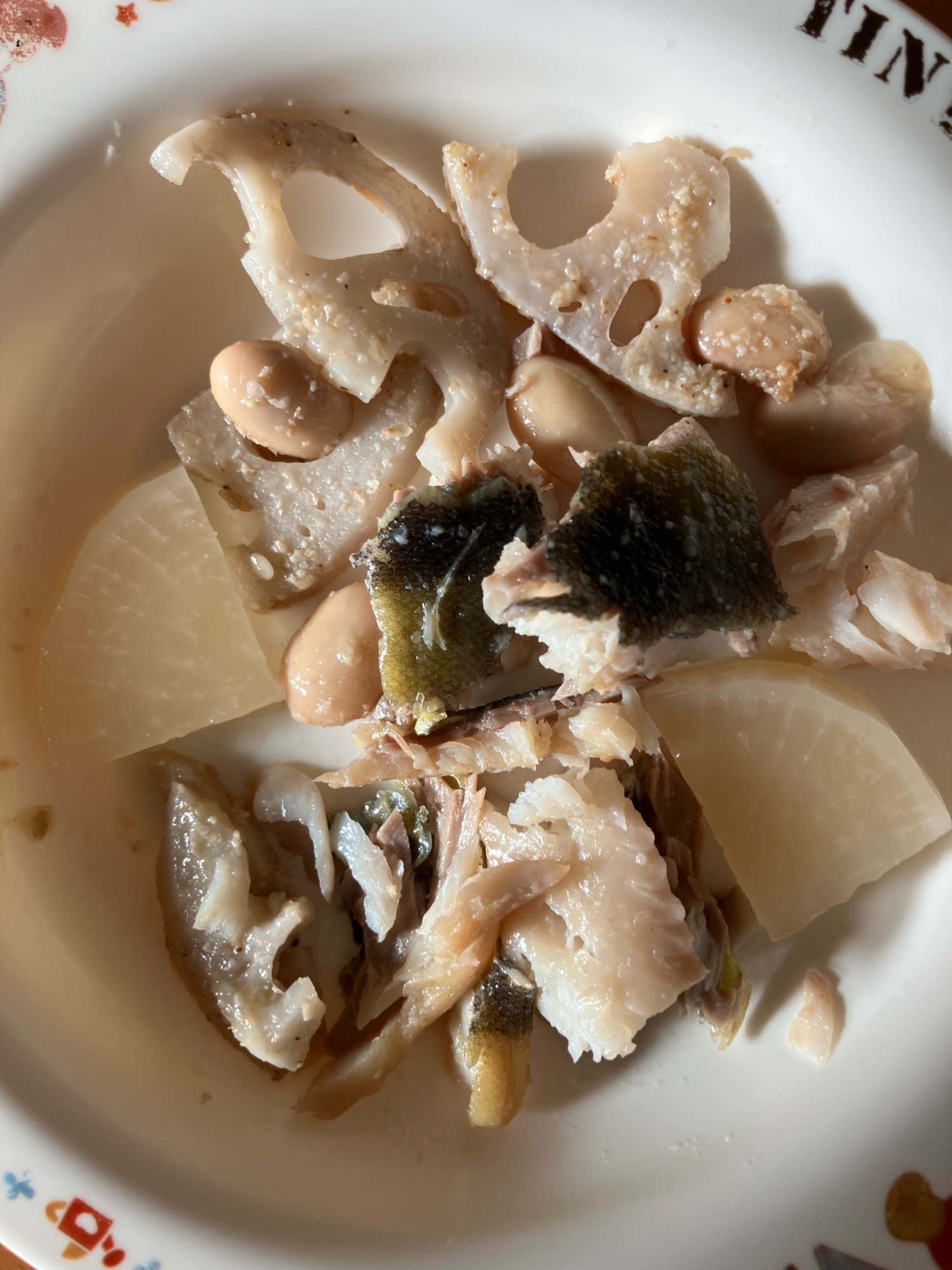 大根とレンコンとホッケの豆炒め