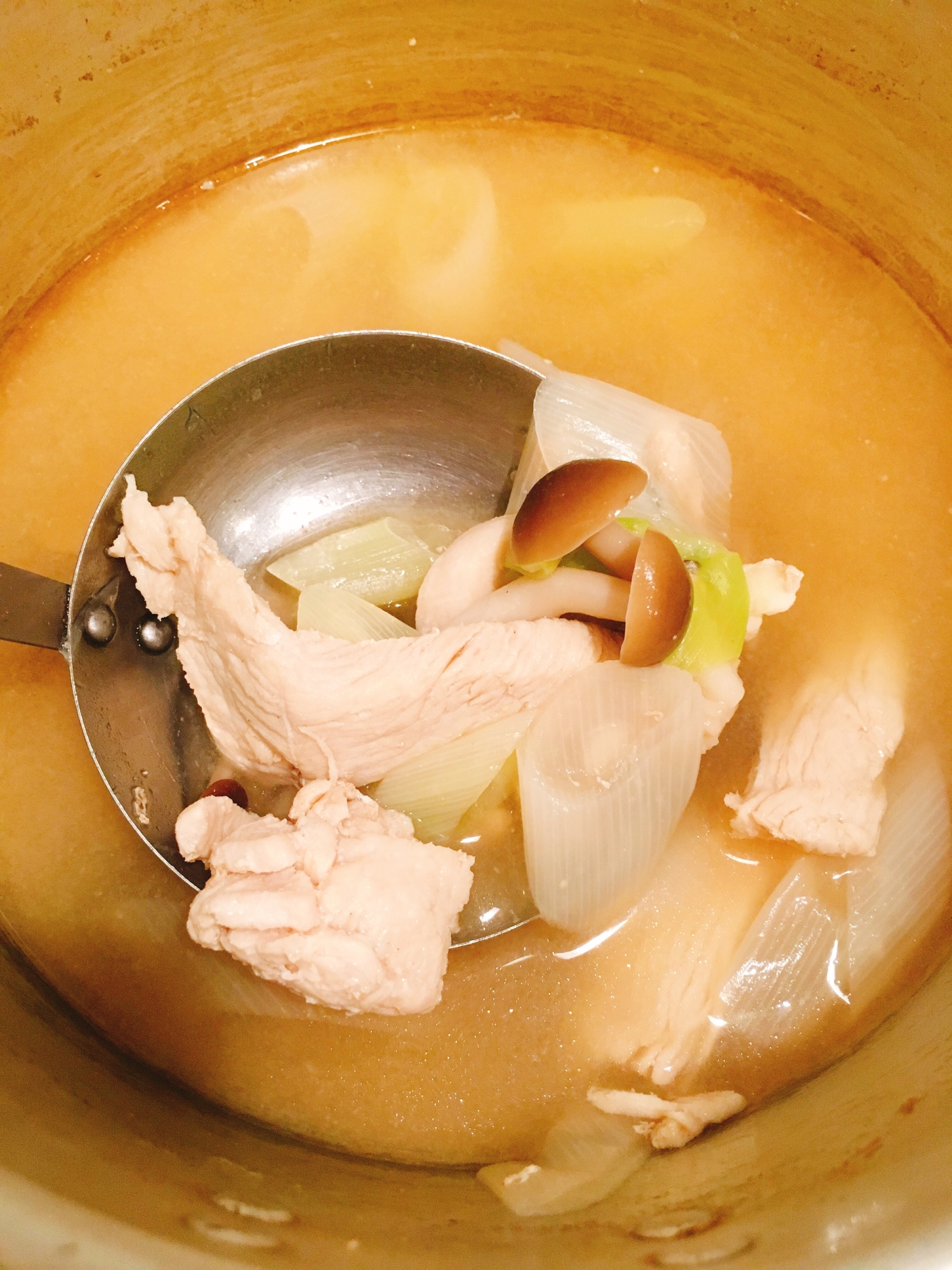 鶏胸肉と長ネギ、ブナシメジの味噌汁