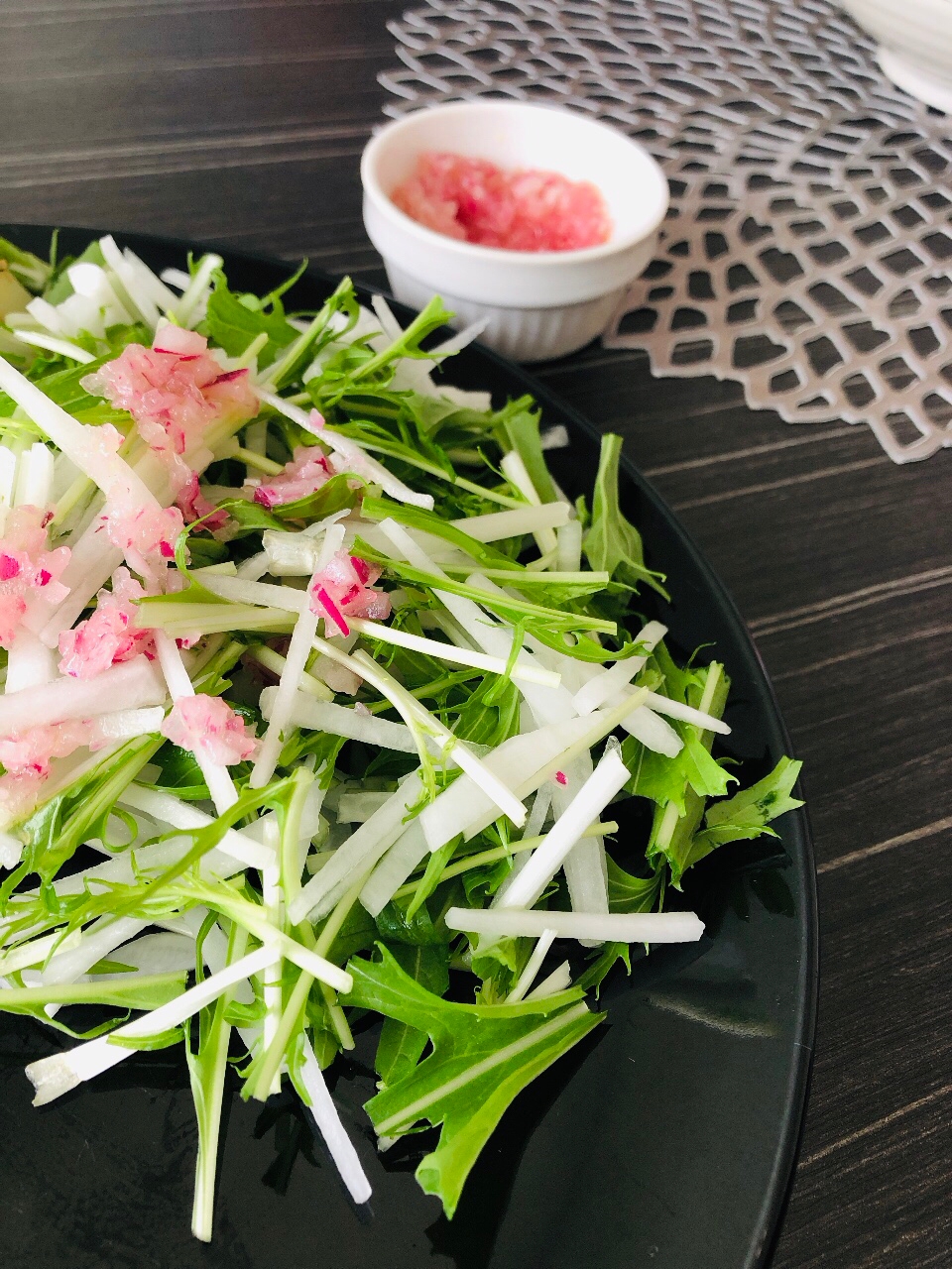 自家製ピンクドレッシングで 大根と水菜のサラダ レシピ 作り方 By Ma Ma Yu Mi 楽天レシピ