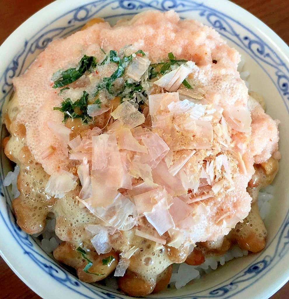 納豆➕明太マヨ➕大葉➕かつお節のせご飯