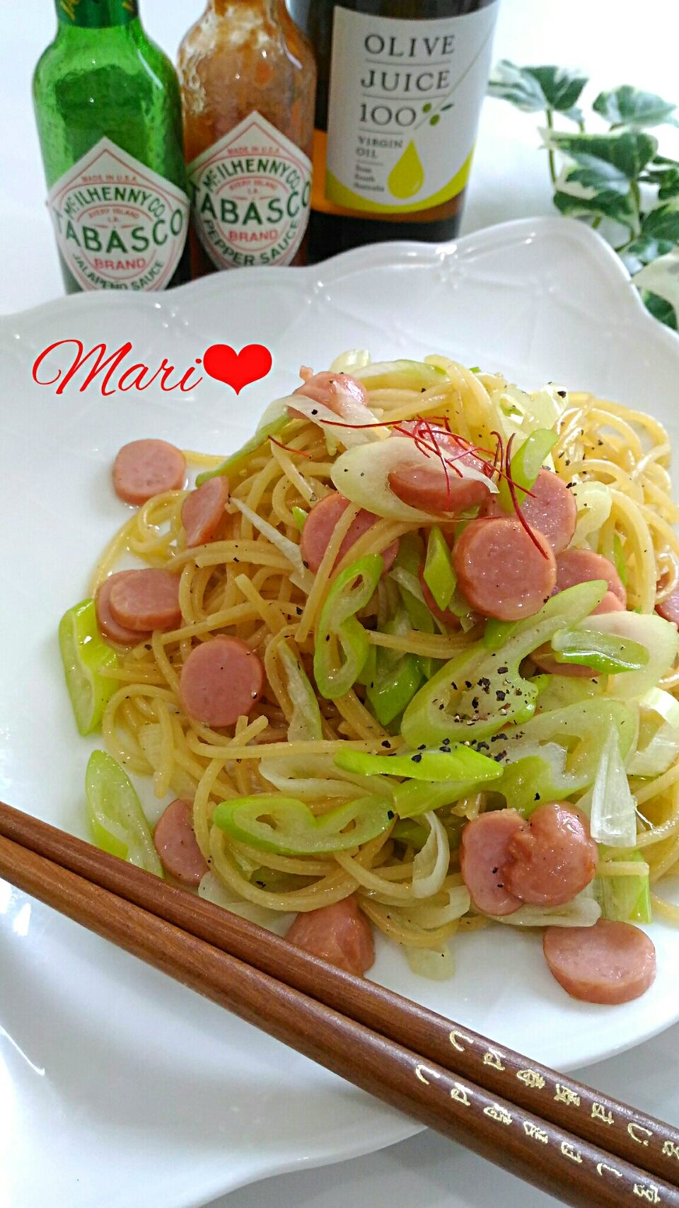 フライパン1つ！簡単◎長葱とウインナーの中華パスタ