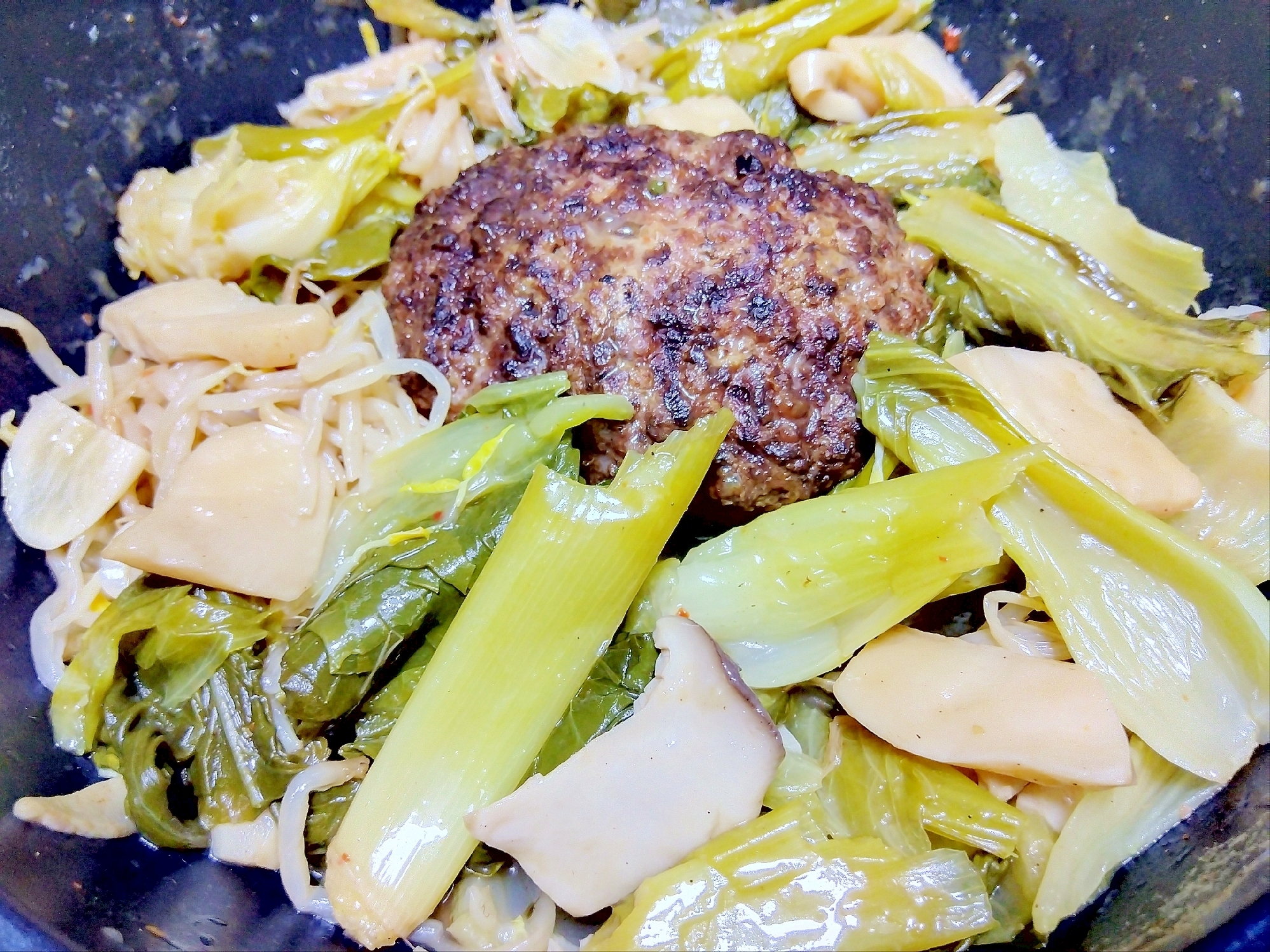 九条葱レタス青梗菜エリンギもやしハンバーグ蒸し煮