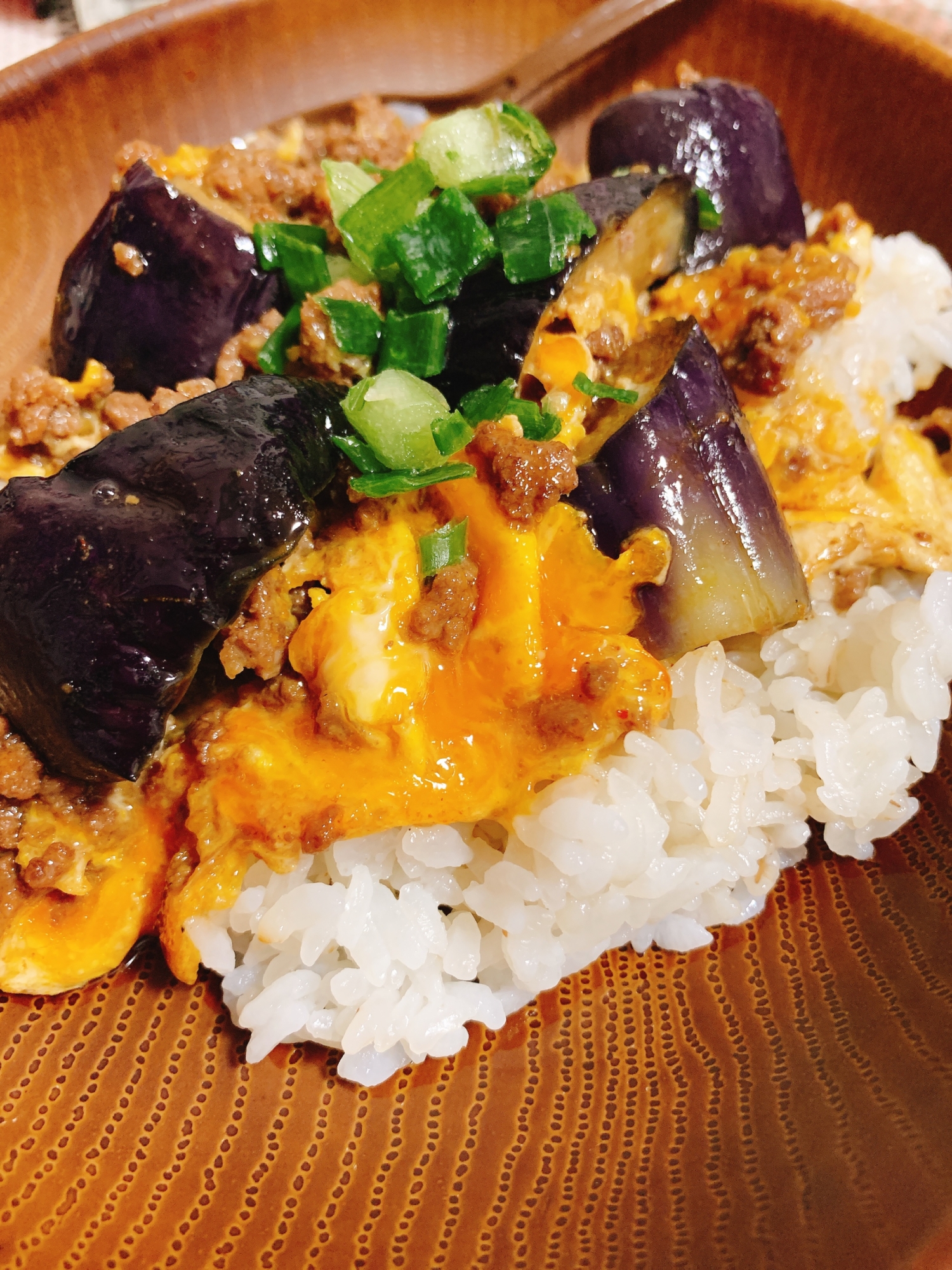 調味料２つ！なすとひき肉卵とじ丼