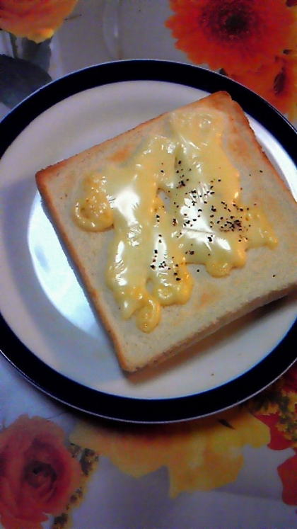 初めまして！朝食にいただきました。
チーズをちぎってブラックペッパーをかけるだけでいつものチーズトーストが
バージョンアップしました。ごちそうさま。