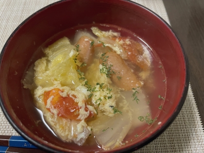 今日の朝ごはんに作ってみました～ブログにも書きましたけど、朝食で食べるメジャーなやつが全部入ってるスープなので、「もうこれだけでええやん！」って感じでした～感謝