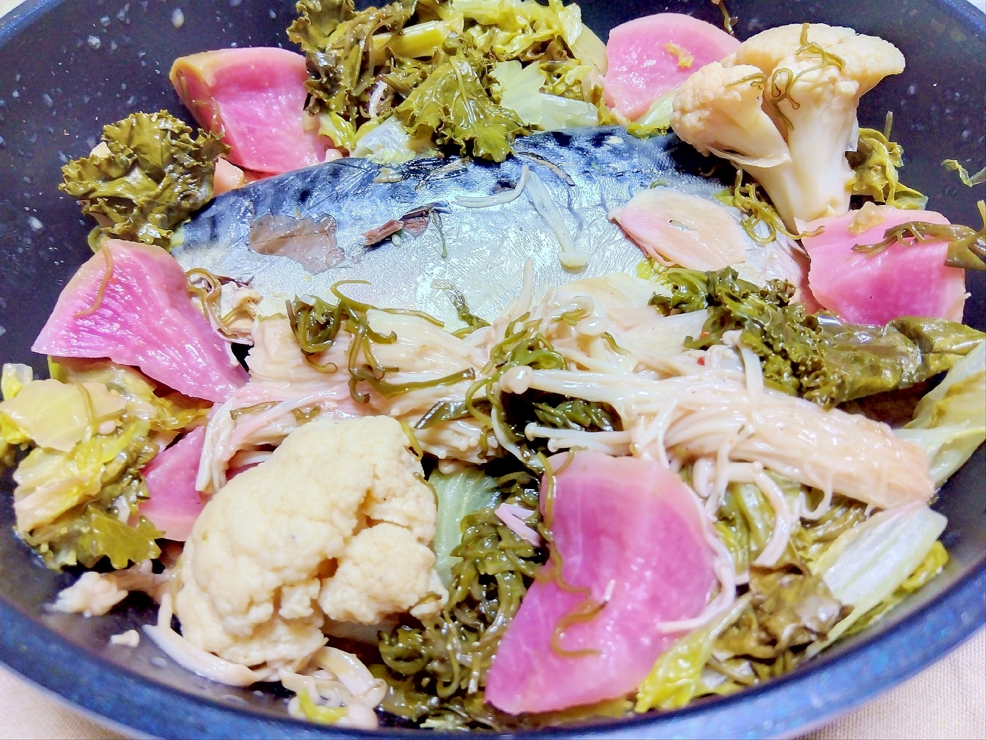 鯖ケール紅芯大根えのきカリフラワーめかぶレタス煮