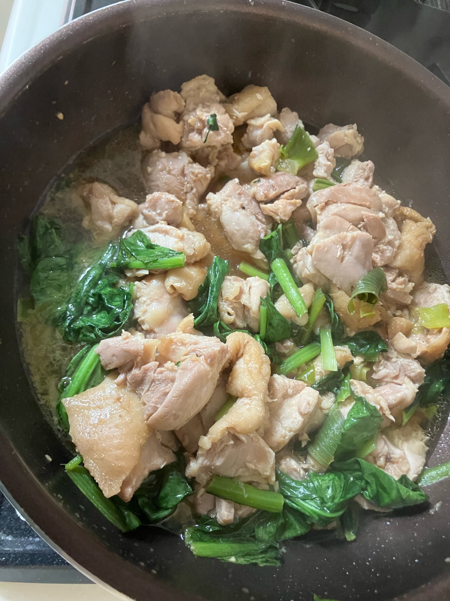 鶏肉とほうれん草とネギ炒め