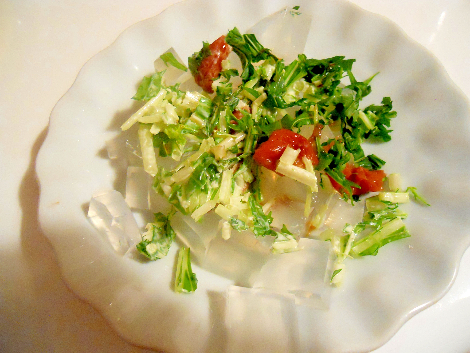 水菜とマヨ梅　黒酢で寒天サラダ