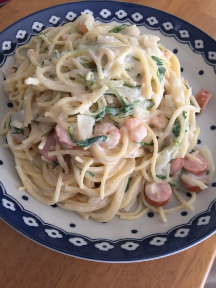 ベーコンとほうれん草を、ウィンナーと水菜で代用して作りました。美味しかったです^ ^