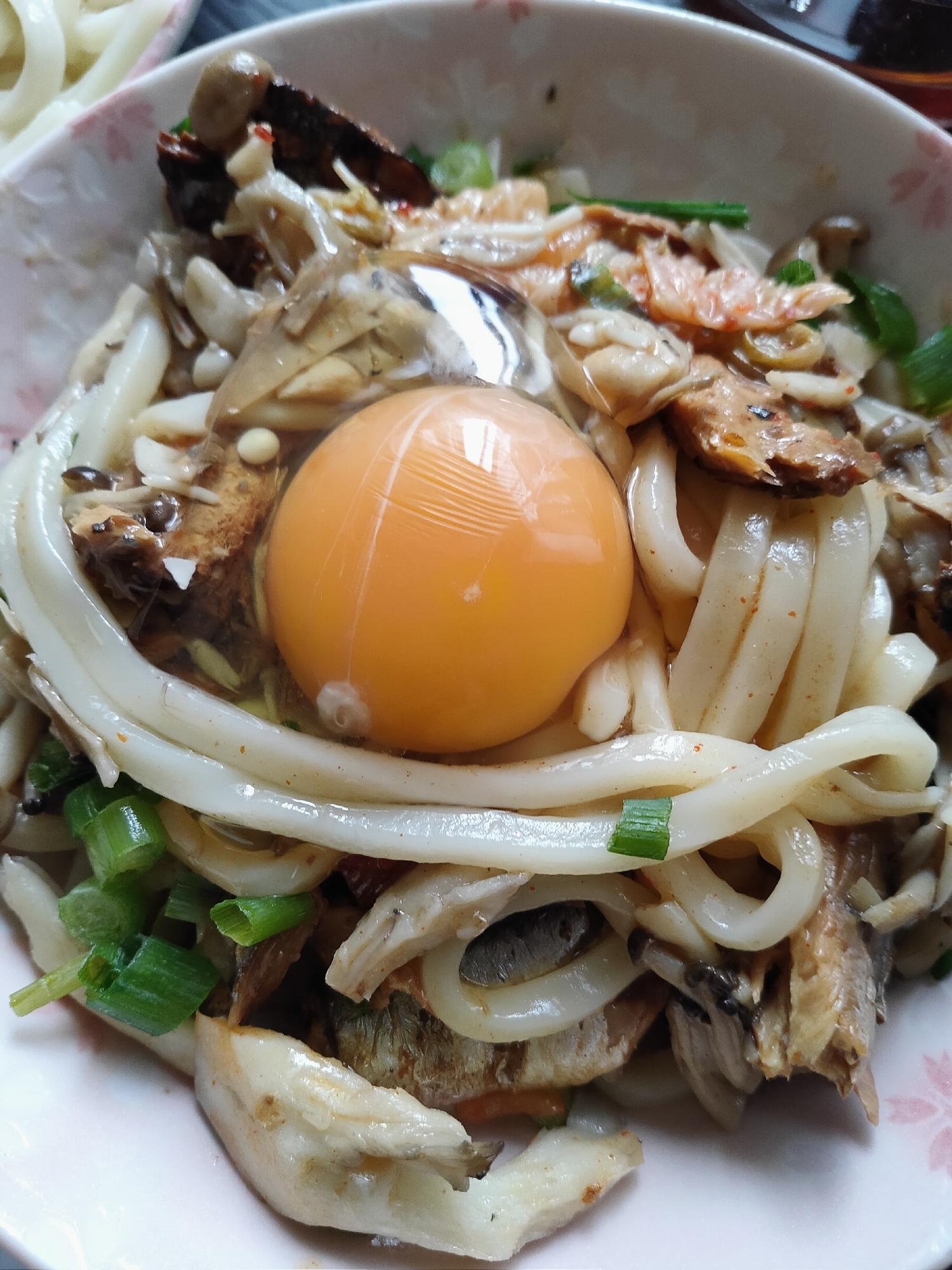 レンジでいわし缶の冷凍うどん