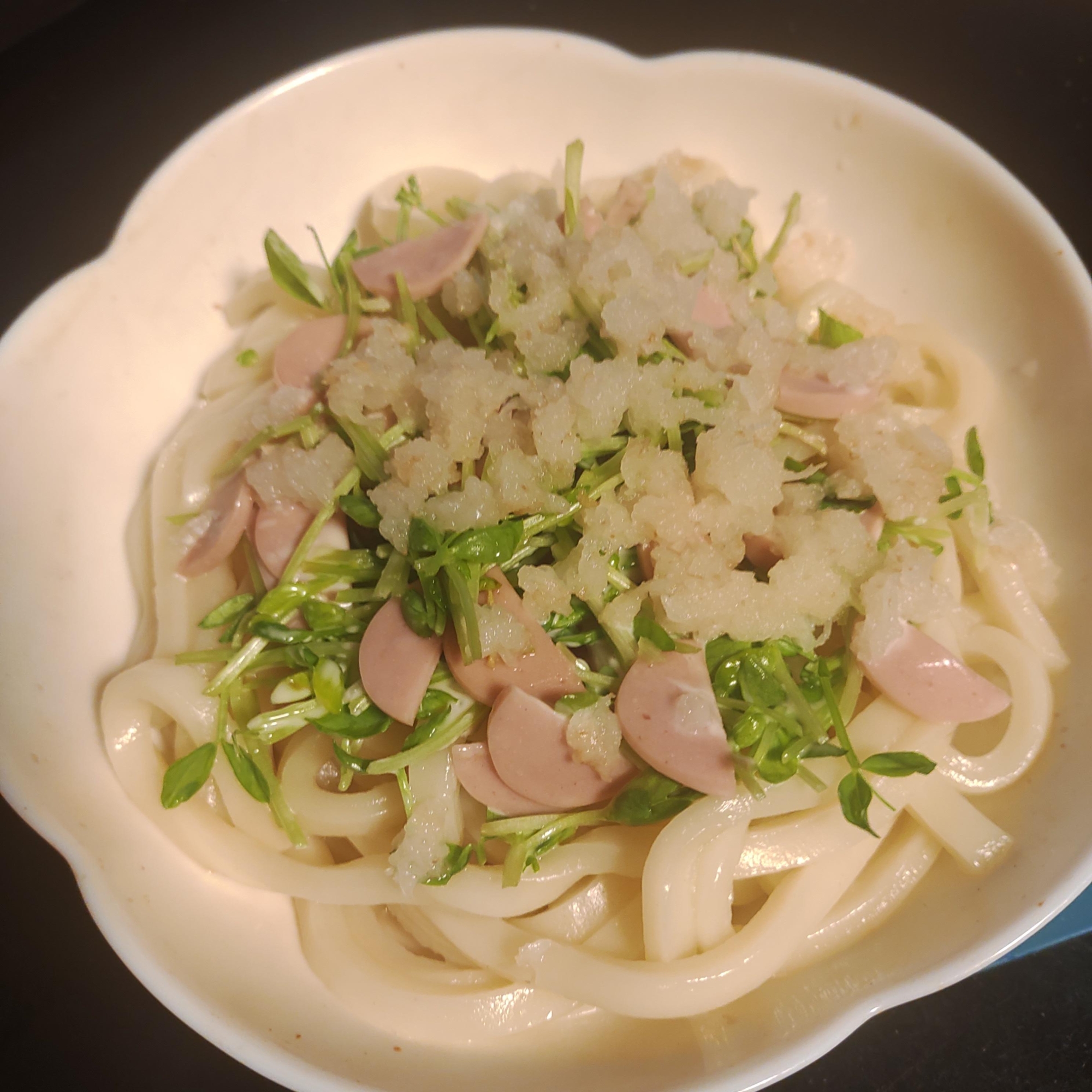 豆苗、魚肉、おろしうどん