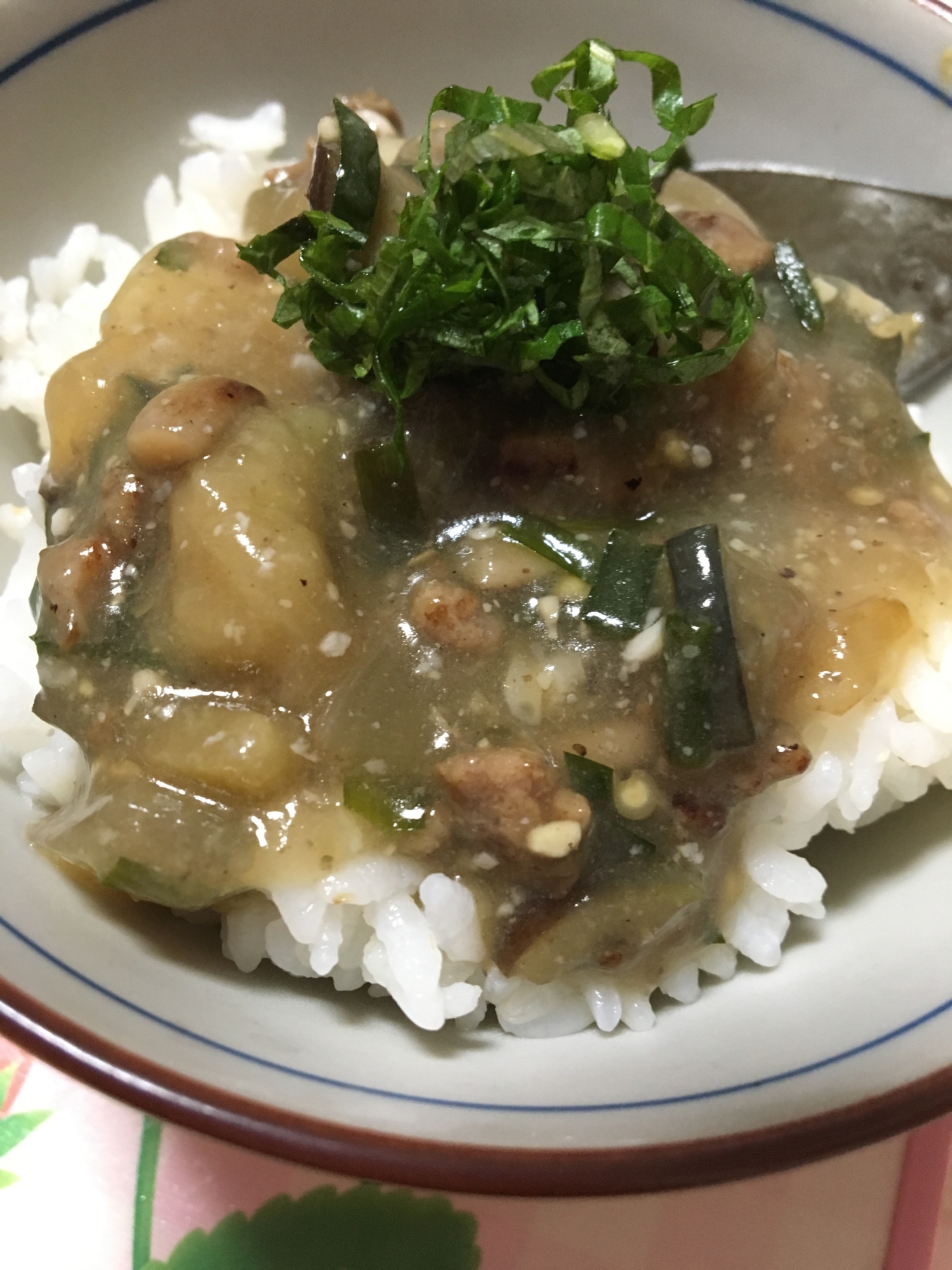 大葉で彩り☆麻婆茄子の丼(*^^*)☆