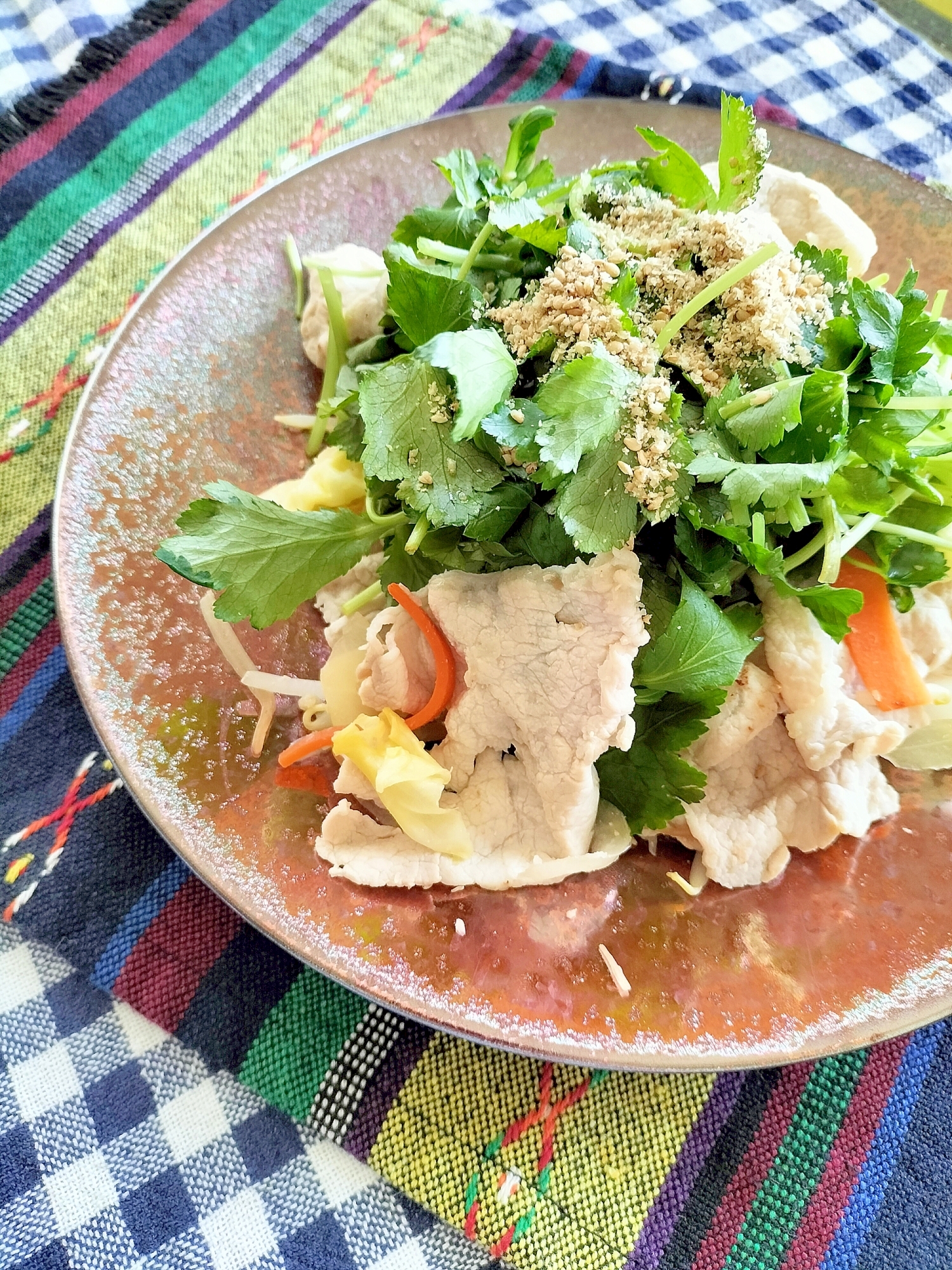 豚しゃぶ肉と野菜の三つ葉炒め♪