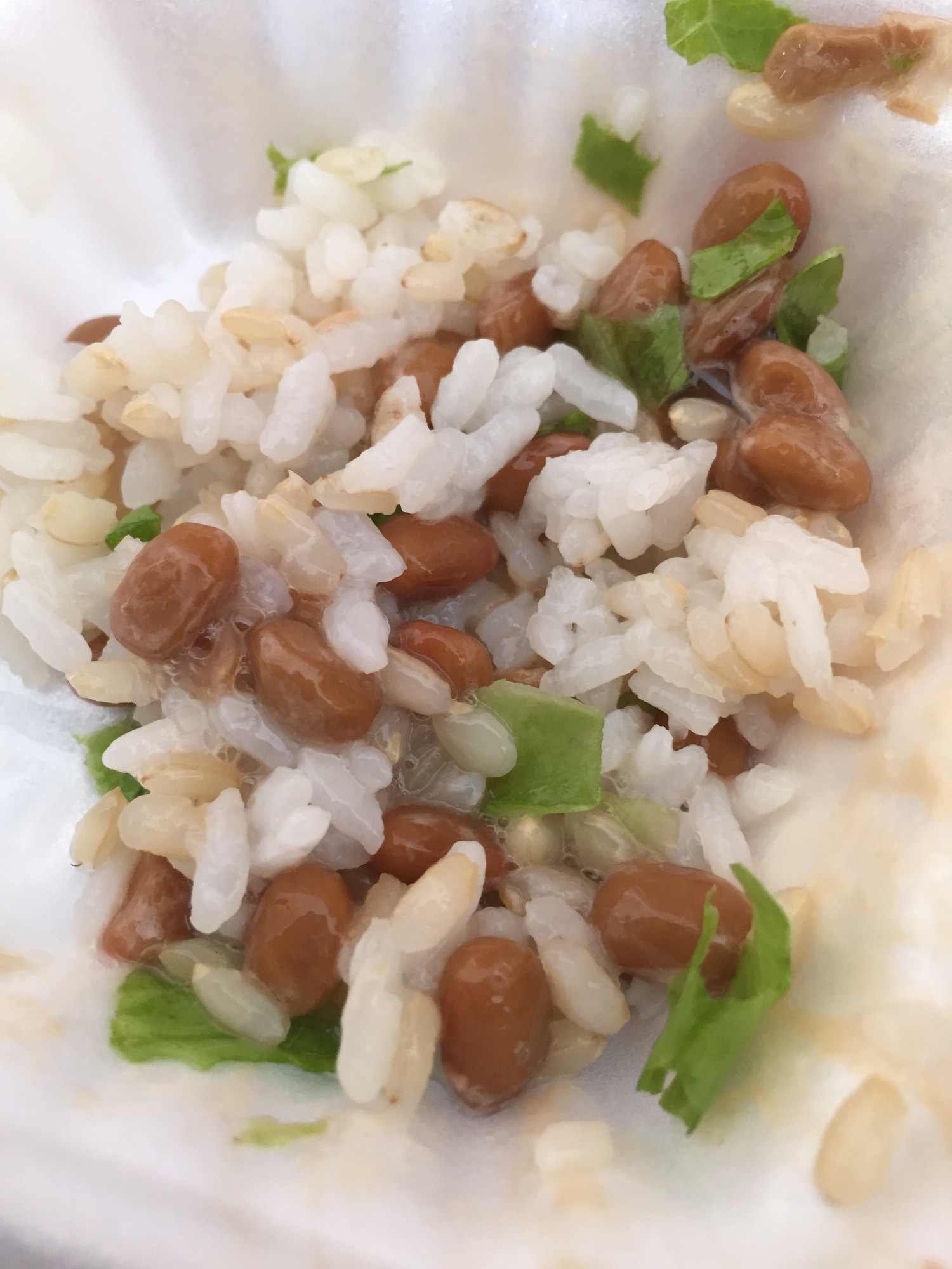 幼児に玄米と白米の煮込み納豆レタスご飯