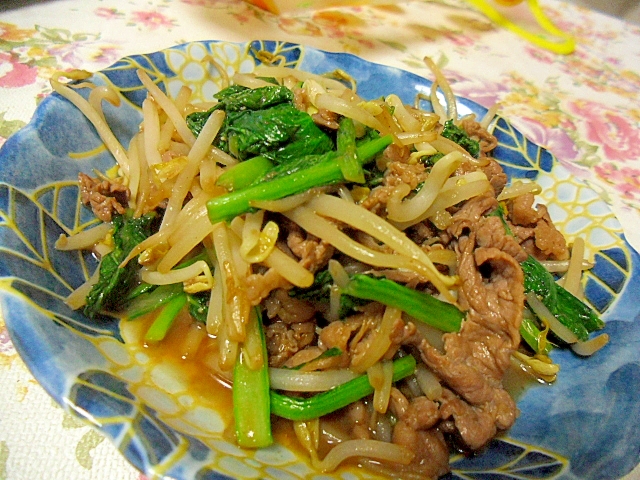牛肉ともやし、小松菜のオイスターソース炒め