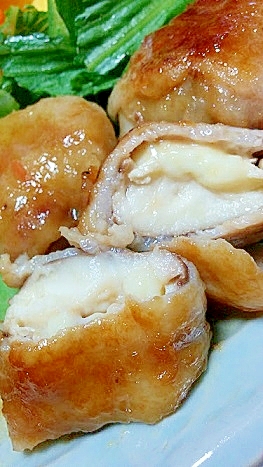 椎茸とカマンベールチーズの豚バラ肉巻き　甘辛煮