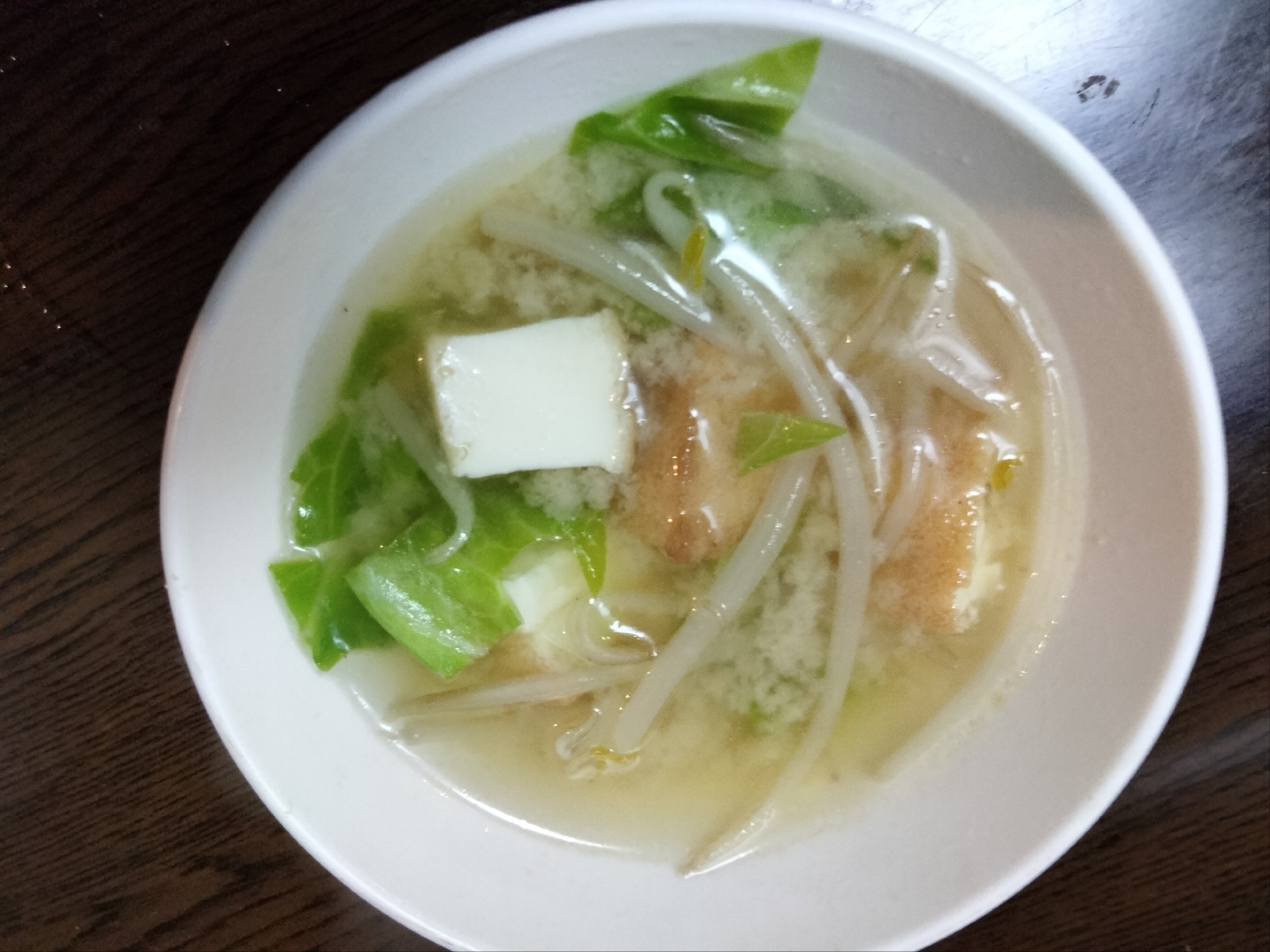 春キャベツもやし、厚揚げの味噌汁