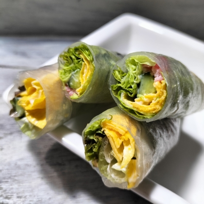 長いカニカマ薄焼きタマゴの生春巻　生春巻の恵方巻